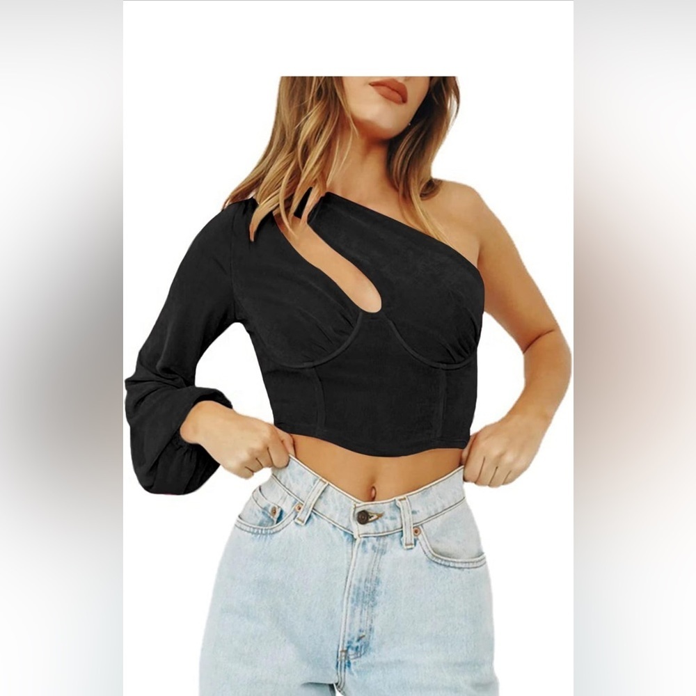 LYANER Women's Sexy One Shoulder Cut Out Bishop Long Sleeve Crop Tee Blouse Top